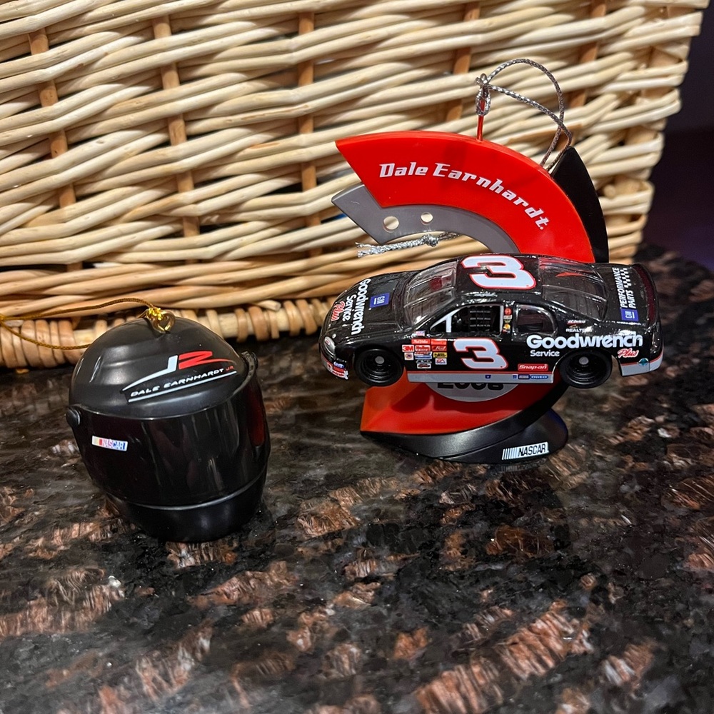 2 Preowned Nascar Ornaments Dale Earnhardt & Jr Helmet and Car 3 Goodwrench 2006